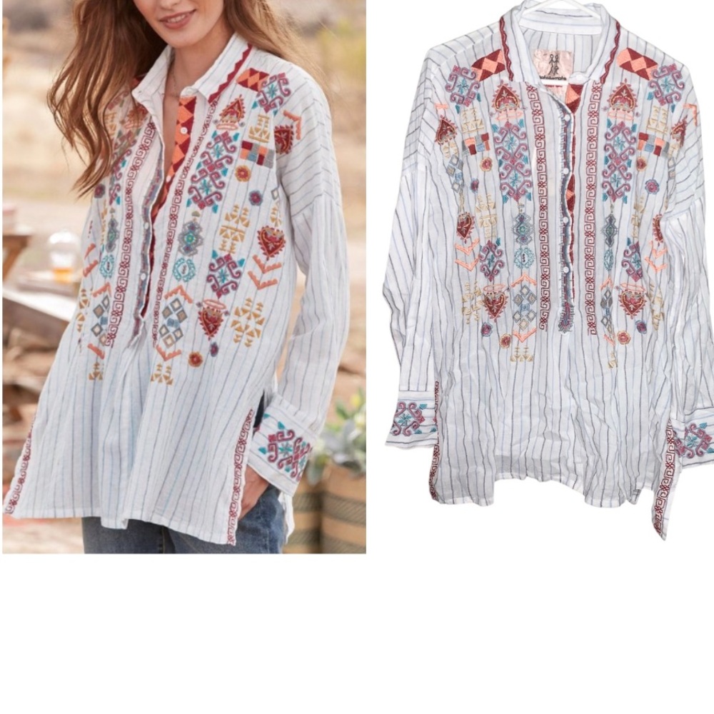Pete & Greta by Johnny Was Clapton Striped Embroidered Tunic